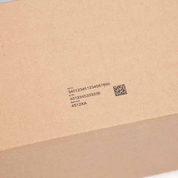 cardboard box with code, serial, and batch number