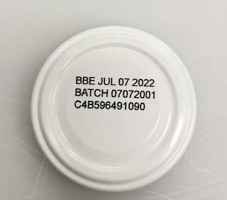 metal jar lid with exp date, batch number, and serial
