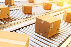 Boxes with labels on a conveyor