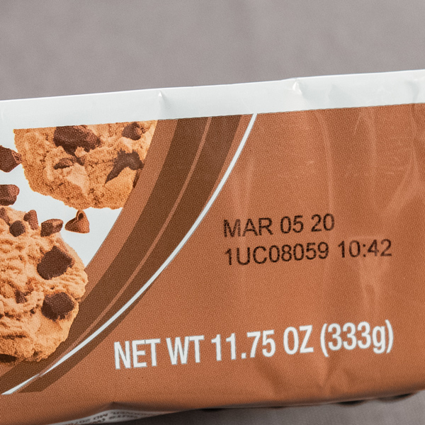 Chocolate chip cookie packaging with lot number and date
